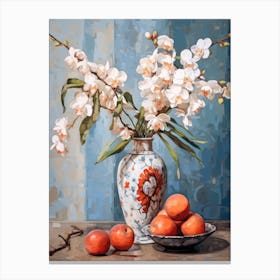 Peacock Orchid Flower And Peaches Still Life Painting 4 Dreamy Canvas Print