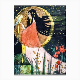 Moonlight Kuu The Finnish Goddess - With Bird Full Moon Japanese Style Victorian Vintage Art Deco Remastered Beautiful Illustration by Ethel Larcombe, The Golden Age - Pagan Witchy Fairytale Fairy Witch Witchcore Cottagecore Stunning 1 Canvas Print