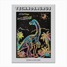 Colourful Dinosaur Neon Line Illustration 2 Poster Canvas Print