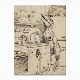 Dinosaur In The Kitchen Sepia Sketch Canvas Print
