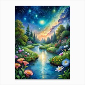 Hand Painted Night Sky Landscape Starry Night Forest In Celestial Serenity Canvas Print