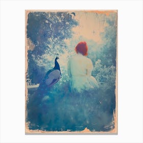 Vintage Photograph Of Peacock With Red Haired Woman Canvas Print