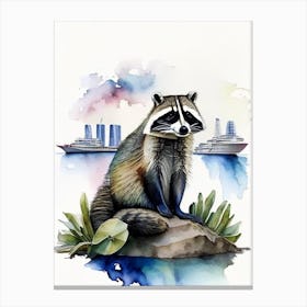 Raccoon And Boats Watercolour Canvas Print