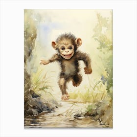 Monkey Painting Running Watercolour 1 Canvas Print