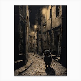 Black Cat At Night In Medieval Cobbled Street Canvas Print