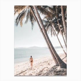 Woman Walking On Beach With Palm Trees Canvas Print