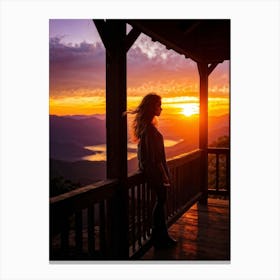 Woman Basking In Sunsets Glow On A Mountain Porch Silhouette Against A Sky Painted With Hues Of Or Canvas Print