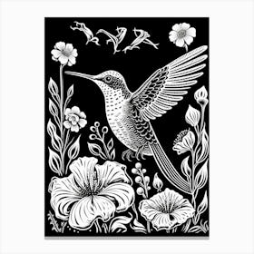 B&W Bird Linocut Hummingbird 2 Canvas Print