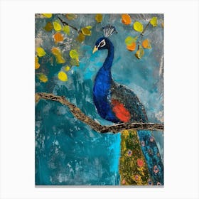 Peacock On The Tree Branches With Leaves Painting 2 Canvas Print