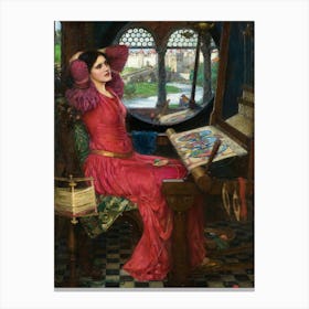 I am Half Sick of Shadows Said the Lady of Shalott - John William Waterhouse Remastered High Definition Lady of the Lake in Red Dress by the Window in a Sewing Room - Waterhouse's Dreamy Mythological Pagan Witchy Arthurian Legend Canvas Print