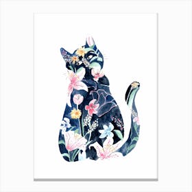 Flower Pattern Blue Cat Canvas Print
