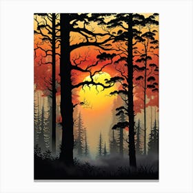 Sunset In The Forest 10,   Forest bathed in the warm glow of the setting sun, forest sunset illustration, forest at sunset, sunset forest vector art, sunset, forest painting,dark forest, landscape painting, nature vector art, Forest Sunset art, trees, pines, spruces, and firs, orange and black.  Canvas Print