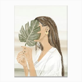 Woman Holding Leaf Boho Mid Century Modern Canvas Print