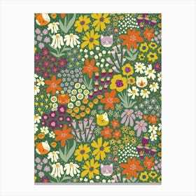 Happy Cats Hiding in the Flower Field - Orange, Yellow, Purple, on Green Kids Canvas Print