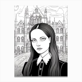Nevermore Academy With Wednesday Addams Line Art 01 Fan Art Canvas Print