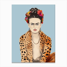 Frida Kahlo Leopard Print, Hellblau, Minimalistic Kreativ Art Canvas Print