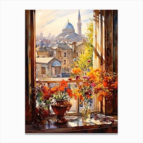 Window View Of Istanbul Turkey In Autumn Fall, Watercolour 1 Canvas Print