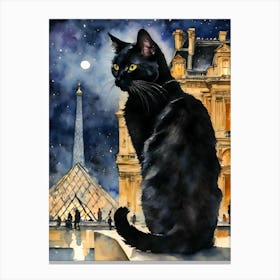 Black Cat at The Louvre Paris Iconic France Cityscape on a Full Moon Da Vinci Code Inspired Obelisk Nighttime Traditional Watercolor Art Print Kitty Travels Home and Room Wall Art Cool Decor Klimt and Matisse Inspired Modern Awesome Cool Unique Pagan Witchy Witches Familiar Gift For Cat Lady Animal Lovers World Travelling Genuine Works by British Watercolour Artist Lyra O'Brien  Canvas Print