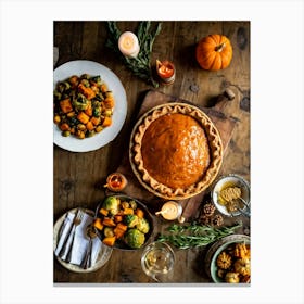 A Thanksgiving Feast Laid Out On A Rustic Wooden Table Is The Centerpiece Of An Epicurean Visual S Canvas Print