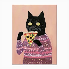 Black Cat Eating A Pizza Slice Folk Illustration 4 Canvas Print