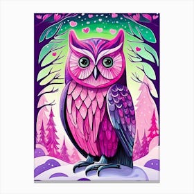 Pink Owl Snowy Landscape Painting (22) Canvas Print
