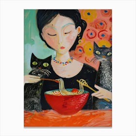 Portrait Of A Girl With Cats Eating Ramen 3 Canvas Print