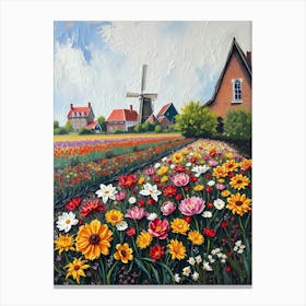 Flower Field With Windmill Canvas Print