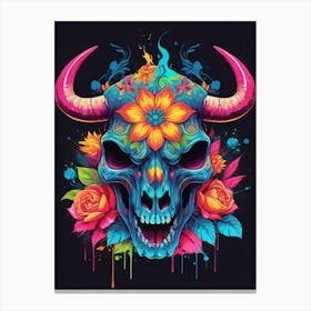 Floral Bull Skull Neon Iridescent Painting (18) Canvas Print