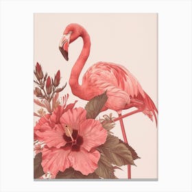 American Flamingo And Hibiscus Minimalist Illustration 2 Canvas Print