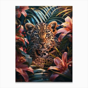 A Happy Front faced Leopard Cub In Tropical Flowers 5 Canvas Print