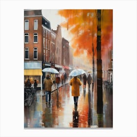 Amsterdam cafes, autumn season, rain, autumn oil colours.Faded colours,People passing on the street, winter clothes, rain umbrellas.6 4 Canvas Print