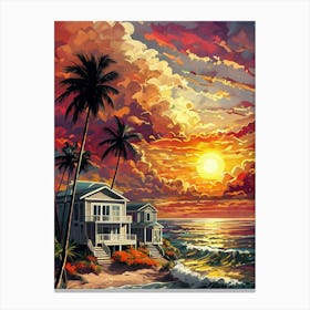 Vibrant Tropical Beach Sunset with Palm Trees Canvas Print