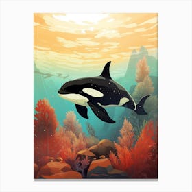 Orca Whale Underwater With Coral Blue & Red Canvas Print