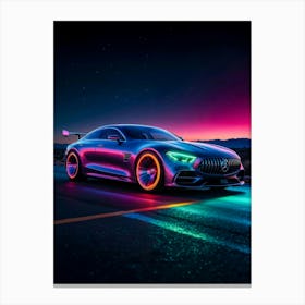 Mercedes AMG in neon glow, a racing car at night. Luxury, speed, and classic automotive design merge perfectly. Canvas Print