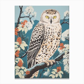 Vintage Bird Linocut Snowy Owl 3 Canvas Print