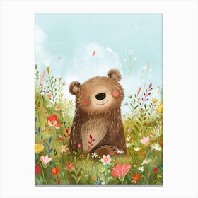 Sloth Bear Cub In A Field Of Flowers Storybook Illustration 3 Canvas Print