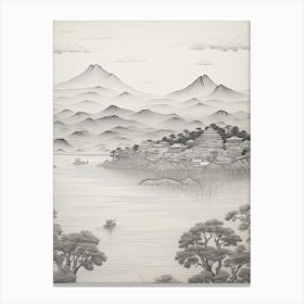 Amanohashidate In Kyoto, Ukiyo E Black And White Line Art Drawing 2 Canvas Print