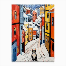 Cat In The Streets Of Bergen   Norway With Snow 1 Canvas Print