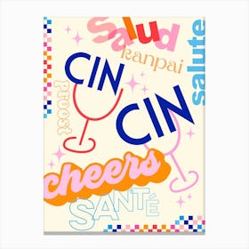 Happy Hours - retro Typographic  Cheers Celebrate in all languages with colourful checks Canvas Print