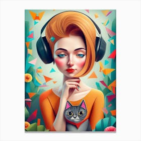 Girl Listening To Music With Cat Canvas Print