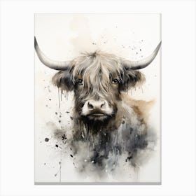 Black & White Watercolour Illustration Of Highland Cow 3 Canvas Print