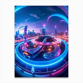 A Vibrant, Futuristic Cityscape At Night With Light Trails From Traffic And Neon Accents On Buildings, Taken With A Fisheye Lens Canvas Print