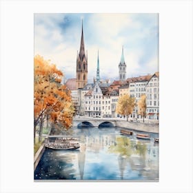 Zurich Switzerland In Autumn Fall, Watercolour 1 Canvas Print