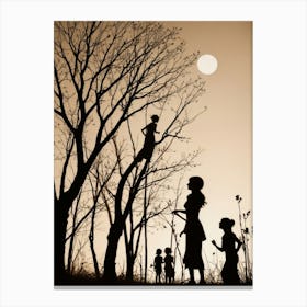 Silhouette Of Children In The Forest Canvas Print