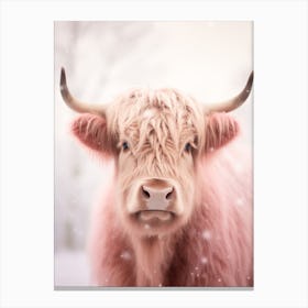 Highland Cow Snow Portrait Pink Filter 2 Canvas Print