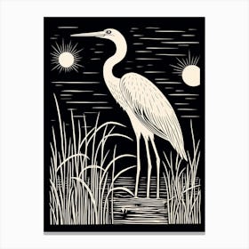 B&W Bird Linocut Egret 3 Canvas Print