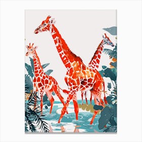 Herd Of Giraffe In The Water Watercolour 4 Canvas Print