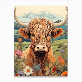 Floral Portrait Painting Style Of Highland Cow 1 Canvas Print