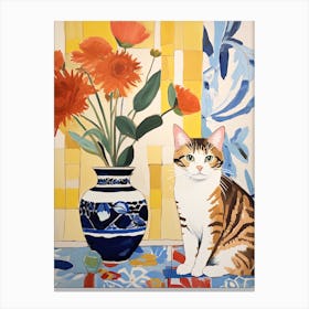Pansy Flower Vase And A Cat, A Painting In The Style Of Matisse 1 Canvas Print
