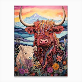 Colourful Illustration Of Highland Cow With Calf At Sunset Canvas Print